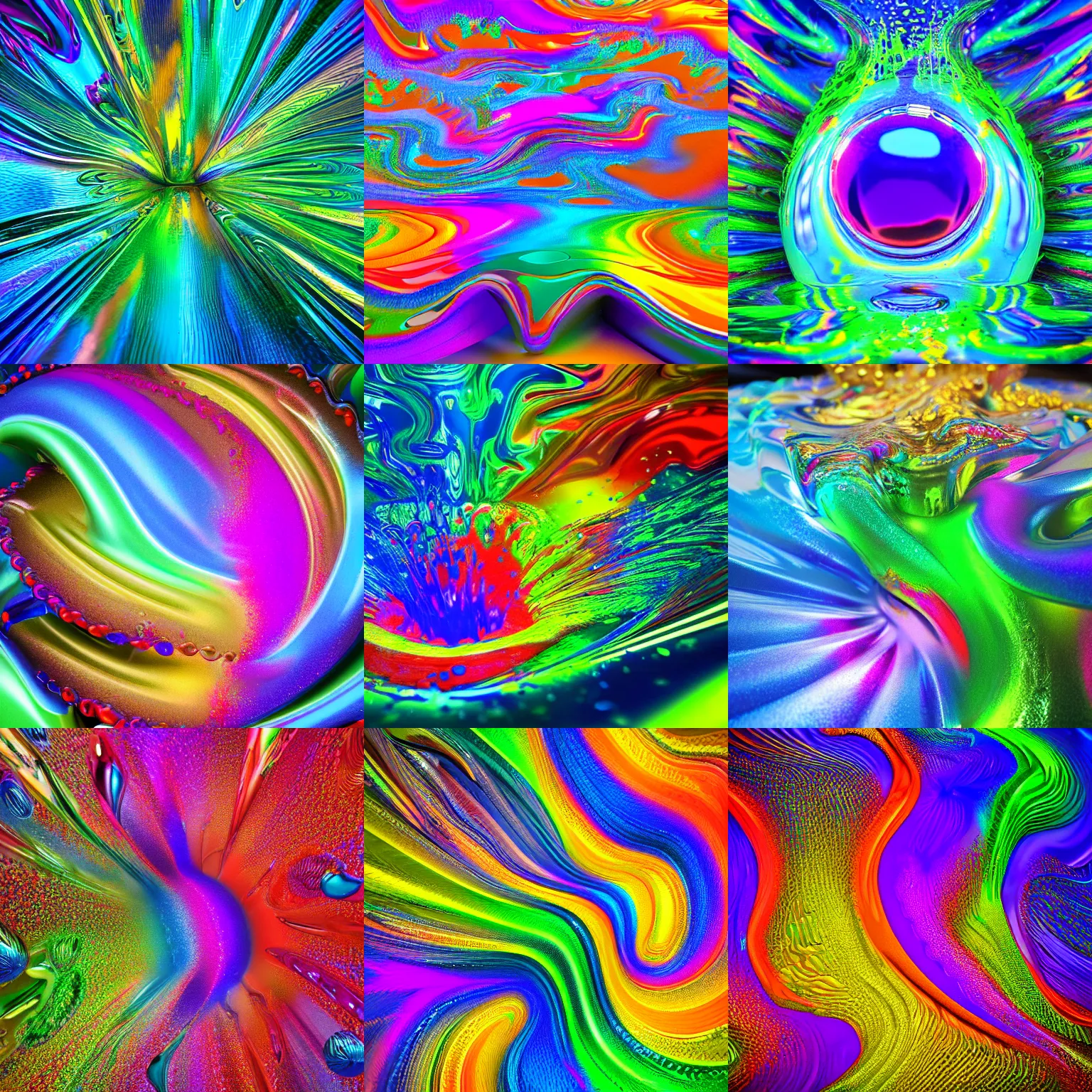 Prompt: full height 3 d rendered, strange, wacky, crazy, unusual complex explosive vibrant colorful iridescent fluid simulation, rippled waves, liquid droplettes, intricate, photo realistic, high detail, sidefx houdini, unreal engine, octane render 4 k