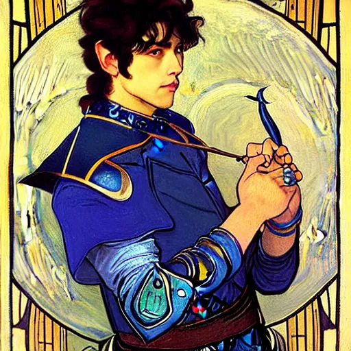 Image similar to portrait painting of young handsome beautiful paladin elf!! man with long! wavy dark hair in his 2 0 s named taehyung minjun james at the blueberry party, wearing armor!, gorgeous hair, elf ears, blueish eyes, icy eyes, elegant, cute, delicate, soft facial features, art by alphonse mucha, vincent van gogh, egon schiele,