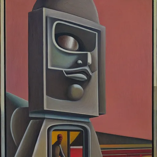 Prompt: brutalist giant sacred robot visage, portrait, cathedral, dystopian, pj crook, edward hopper, oil on canvas