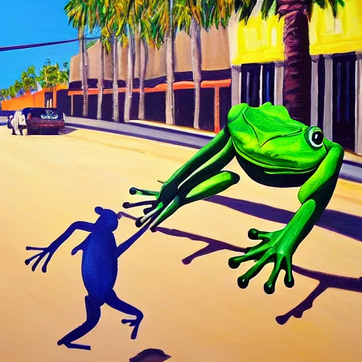 Image similar to painting of a bipedal frog walking away from the camera, down a busy street in los angeles, street vendors, palm trees,