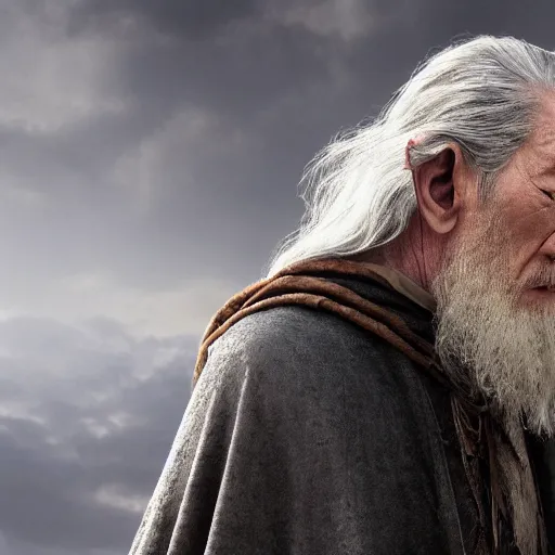 Prompt: the evil ian mckellen smothin on an anvil as gandalf in a dark viking hood playing odin all father from the thor movie crafting a neural network with synapses on am anvil, highly detailed, cinematic shot, cinematic lighting, 8 k, exquisit facial detail