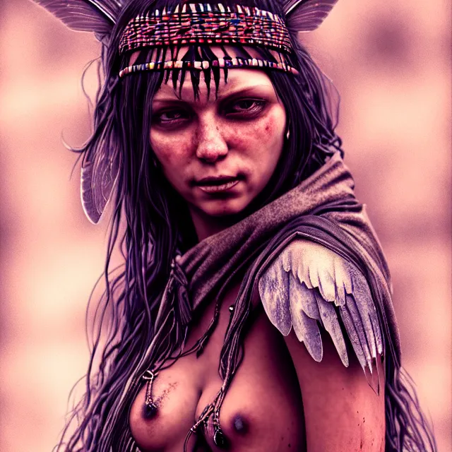 Prompt: full body pose, beautiful adult native american fairy, dirty, grungy, grunge, highly detailed, 4 k, hdr, smooth, sharp focus, high resolution, award - winning photo, artgerm, photorealistic