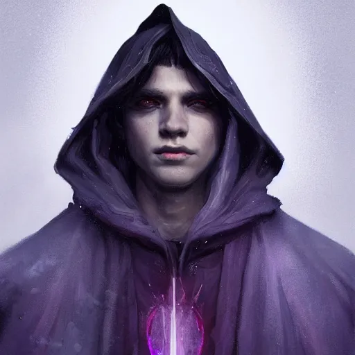Image similar to portrait of a young man with glowing purple eyes, silver hair, wearing a black cloak, concept art, cinematic lighting, detailed face, highly detailed, painting by greg rutkowski