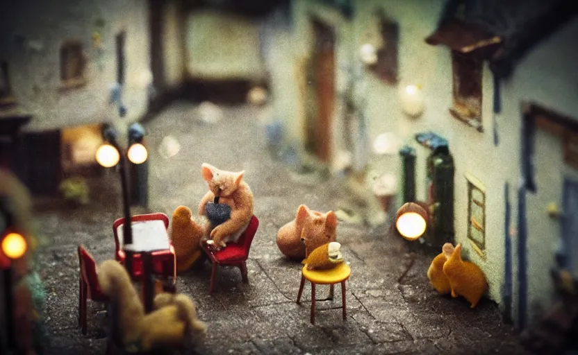 Image similar to miniature cafe diorama macro photography, cafe with felted mice, alleyway, ambient, atmospheric, british, bokeh, romantic