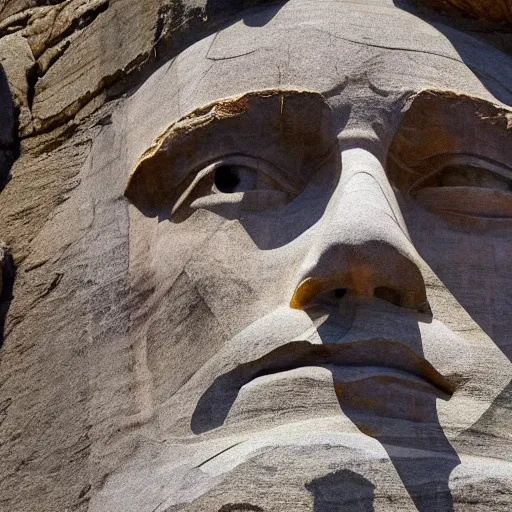 Image similar to donald trump's face carved into the rock on mount rushmore. the photo clearly depicts donald trump's facial features next to other former presidents, at a slightly elevated level, depicting his particular hair style carved into the stone at the mountain top, centered, balances, regal, pensive, powerful, just