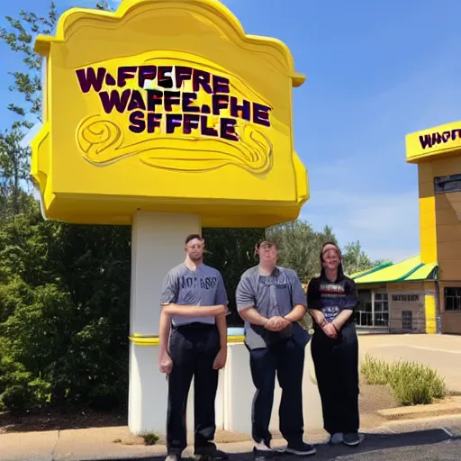 Image similar to wafflehouse employee's standing below wafflehouse sign