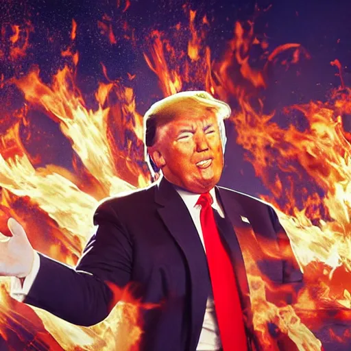 Image similar to photograph of donald trump on the highway firebending cars, dramatization