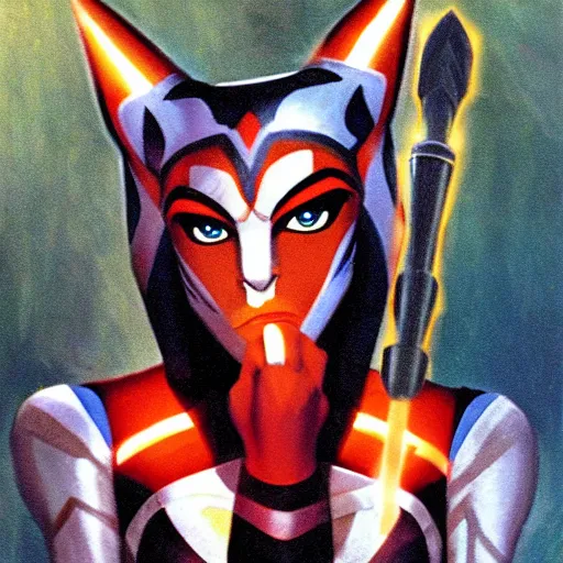 Image similar to Ahsoka with light by frank Frazetta