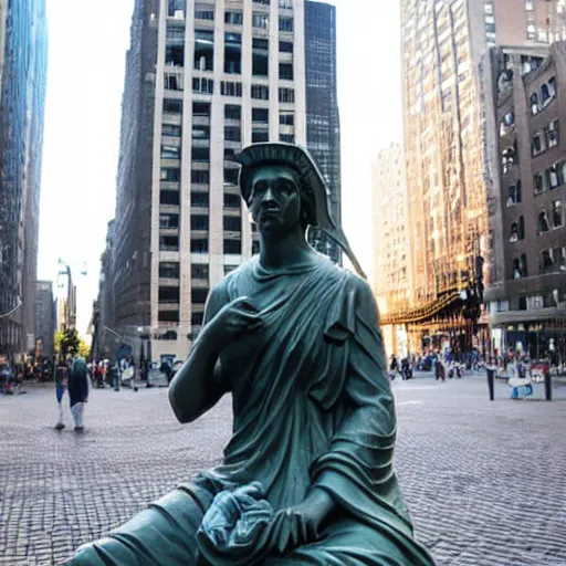 Image similar to liberty statue sitdown pose, new York background, very convincing