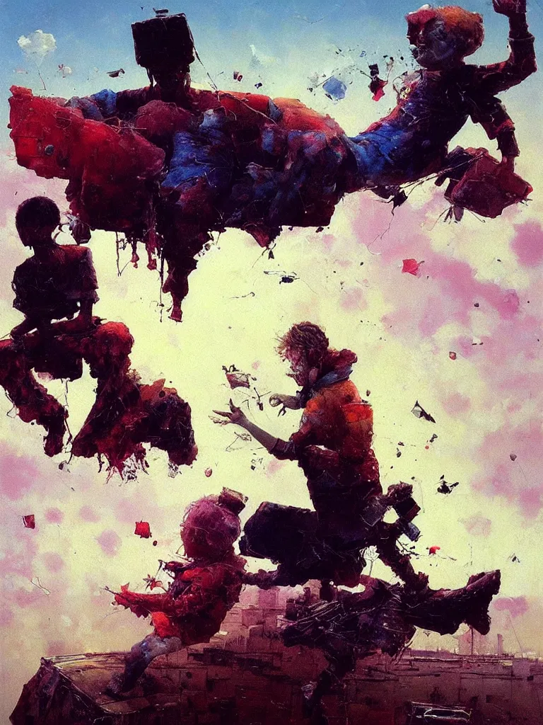 Prompt: glitched boy flying in skies , old couple sitting on a couch, psx game graphics , thick oil painting by Adrian Ghenie Beksinski painting