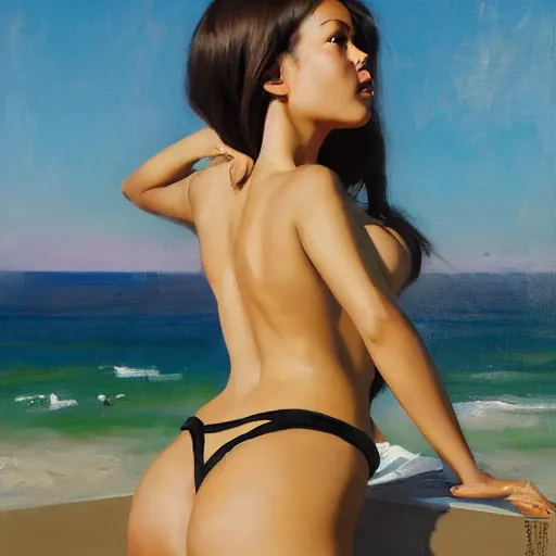Image similar to greg manchess portrait painting of yorha type a no. 2 from behind in a bikini, organic painting, sunny day, matte painting, bold shapes, hard edges, street art, trending on artstation, by huang guangjian and gil elvgren and sachin teng