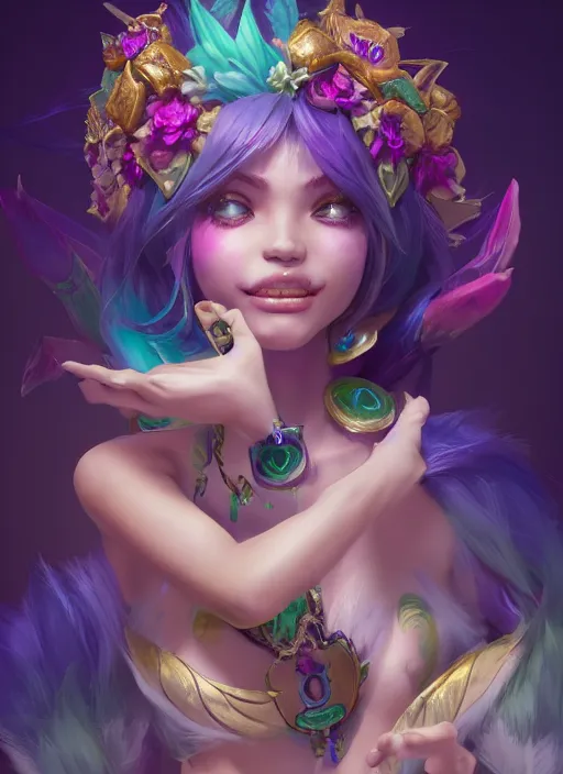 Image similar to neeko, from league of legends, au naturel, hyper detailed, digital art, trending in artstation, cinematic lighting, studio quality, smooth render, unreal engine 5 rendered, octane rendered, art style by klimt and nixeu and ian sprigger and wlop and krenz cushart