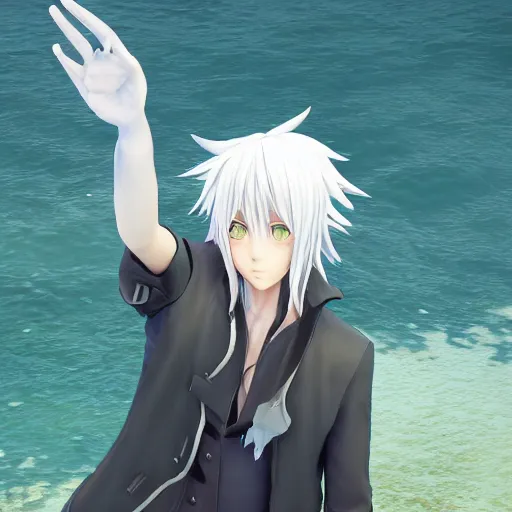 Image similar to a long white haired anime character holding out his hand in front of a body of water, a screenshot by michelangelo, deviantart contest winner, vanitas, official art, unreal engine 5, unreal engine. tetsuya nomura. ray tracing hdr. 8 k. uhd. sharp focus. highly detailed. masterpiece. anime render. cinematic lighting. lifelike.