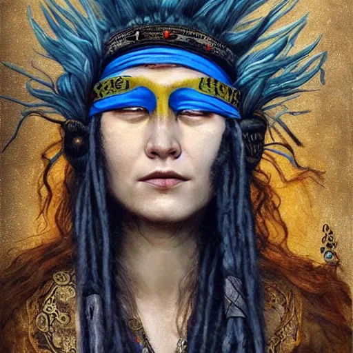 Image similar to A young blindfolded shaman woman with a decorated headband, in the style of heilung, blue hair dreadlocks and wood on her head., made by karol bak