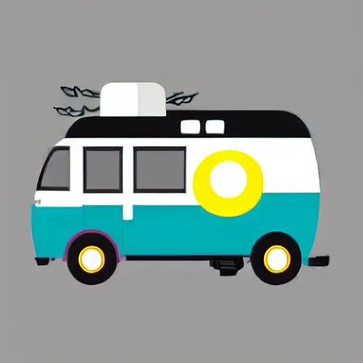 Prompt: vector art of a white and black cute thor chateau! motorhome camper!!, highway, mountains and colorful sunset!!, very very happy, stylish, warm colors, minimal vector art sticker!! by tom whalen