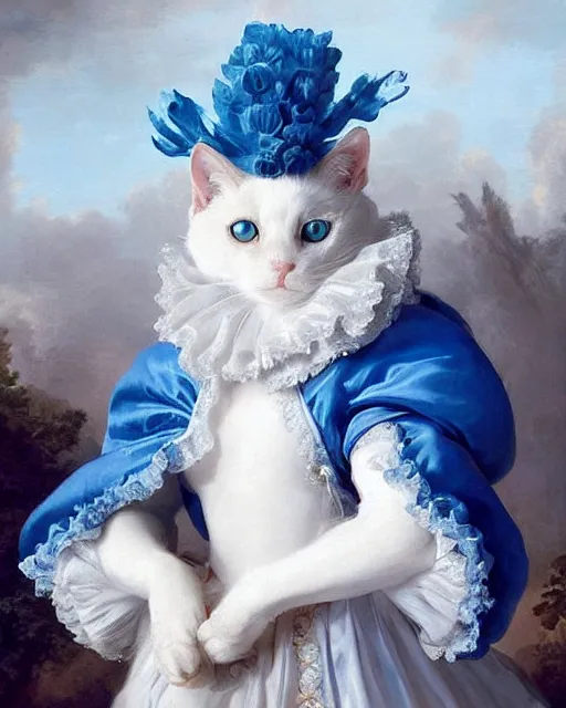 Image similar to cute white cat with blue eyes wearing a frilly blue silk dress, baroque rococo fashion, joseph ducreux, greg rutkowski, royal portrait, luxurious, opulent, regal