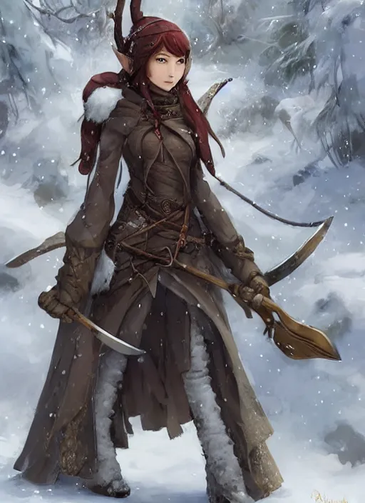 Prompt: a female elven hunter in winter, snowy background, snowy. Holding a hunting knife. Facing the camera, long shot. By Makoto Shinkai, Stanley Artgerm Lau, WLOP, Rossdraws, James Jean, Andrei Riabovitchev, Marc Simonetti, krenz cushart, Sakimichan, trending on ArtStation, digital art.