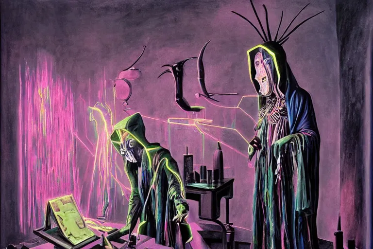 Image similar to a masterpiece painting in the laboratory of a technomancer wizard, in dazzle camouflaged robes, pointed hoods, he discusses sentience with his al djinn by remedios varo and anato finnstark and greg rutkowski and andy warhol and francis picabia. dayglo pink blue, prismatic, pearlescent, raven black, glowing, hyperrealism, trending on artstation