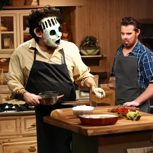 Image similar to Leatherface hosting a cooking show