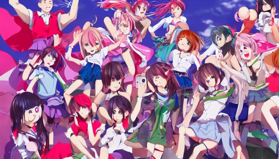 Image similar to group of cute anime characters jumping, colorful outfits, short miniskirts, lightly dressed, ultra detailed digital art, hyper real, detailed, group photo, ultra detailed, ground up angle