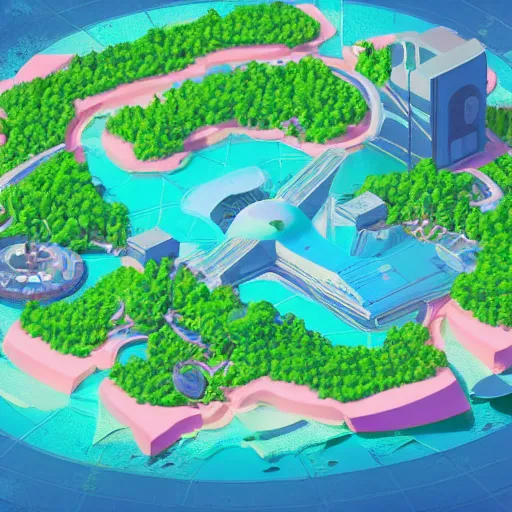 Image similar to circular isometric island on neon background, isometric invironment, 3d art, isometric art, amazing detail, artstation, concept art, behance, ray tracing