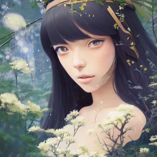 Prompt: a beautiful girl with long black hair, royal garden background, sharp focus, intricate, digital painting, artstation, highly detailed, ambient lighting, portrait by Studio Ghibli, Makoto Shinkai, Rossdraws, artgerm, Ilya Kuvshinov, and Greg Rutkowski