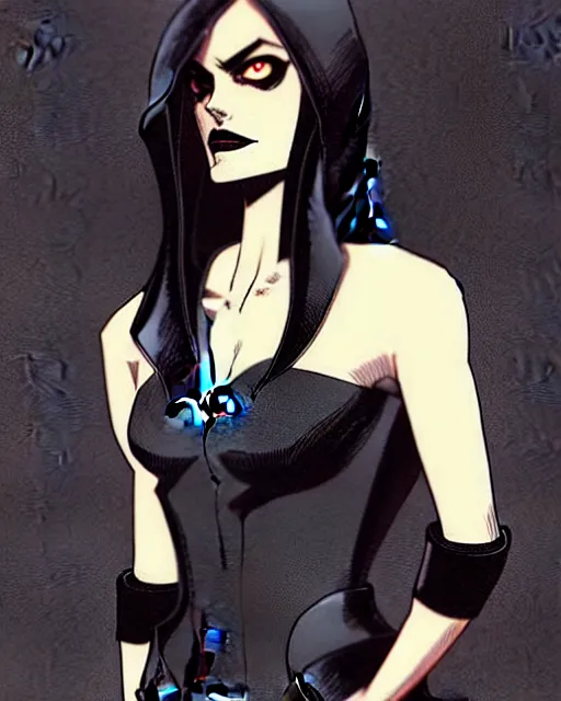 Image similar to rafael albuquerque comic art, peter mohrbacher, steve niles, phil noto, artgerm, pretty phoebe tonkin dark witch black dress, symmetrical eyes, black leather jacket, jeans, long blonde hair