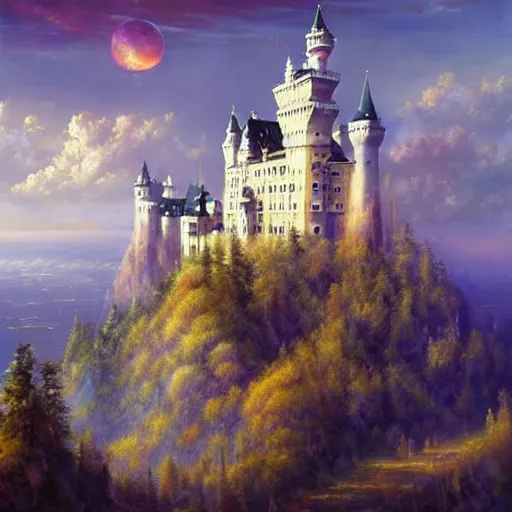 Prompt: highly detailed fantasy art, scene of natural innate artstation style, artstation form, castle neuschwanstein floating in the sky, surrounded by clouds, surreal dreamscape, painting by paul lehr and mark Keathley