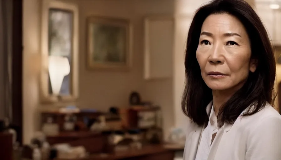 Image similar to michelle yeoh as evelyn wang from everything everywhere all at once ( 2 0 2 2 ), directed by'daniels ', cinematography by larkin seiple, movie still
