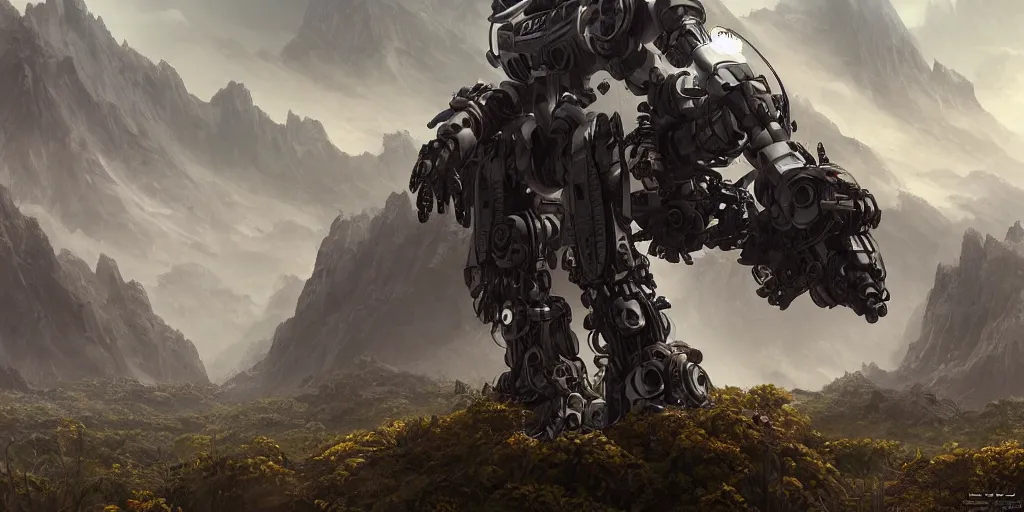 Prompt: robotic mechas in highly detailed alien planet with lush vegetation, deserts and mountains, desaturated, fog, mystical, artgerm, cgsociety