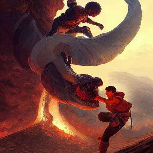 Image similar to ultra realistic illustration of an old fighter throwing his fighter son into a volcano, intricate, elegant, highly detailed, digital painting, artstation, concept art, smooth, sharp focus, illustration, art by artgerm and greg rutkowski and alphonse mucha