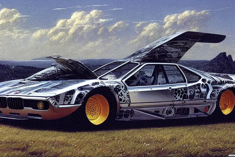 Image similar to intricate, 3 d, bmw m 1, style by caspar david friedrich and wayne barlowe and ted nasmith.