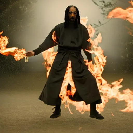 Image similar to cinematic film still of Snoop Dogg starring as a Samurai holding fire, Japanese CGI, VFX, 2022, 50mm lens, shallow depth of field, film photography