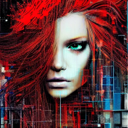Prompt: hyperrealistic portrait of a mysterious cyberpunk woman with flowing hair, by Guy Denning, Johannes Itten, Russ Mills, beautiful, elusive, glitch art, beautiful eyes, hacking effects, glitch effects, digital tech effects, cybernetics, detailed lines, intricate detail, holographic, chromatic, clear, color blocking, acrylic on canvas, octane, concept art, abstract, red face, front view, 8k, trending on cgsociety, trending on artstation