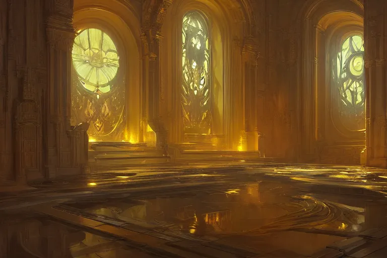 Image similar to a background matte painting for a scifi religious room with chambers of bubbling liquid gold intricate digital painting artstation concept art smooth sharp focus illustration, art by artgerm and greg rutkowski and alphonse mucha