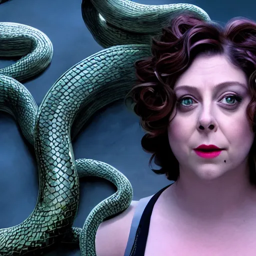 Image similar to rachel bloom as medusa with snakes for hair, real life, highly detailed, hyper realistic, 8 k resolution