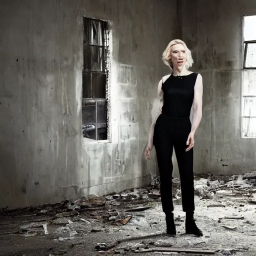 Image similar to photo of cate blanchett in an abandoned building, by Annie leibowitz, photorealisitc ,4k