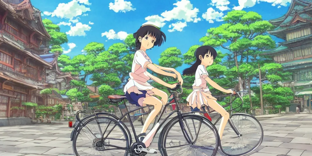 Image similar to anime girl riding bicycle in highly detailed japanese city, studio ghibli style, by hayao miyazaki, sharp focus, highly detailed, 4k