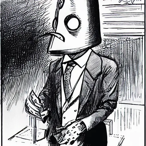 Prompt: an anthropomorphic chess piece dressed in a business suit, by moebius