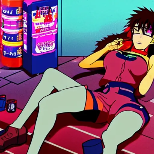 Prompt: misato neon genesis evangelion passed out on the floor at a rave, surrounded by beer cans
