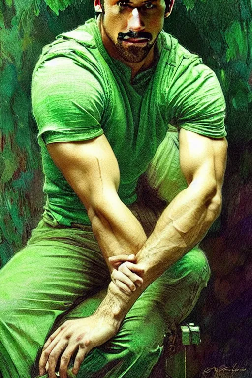 Image similar to Ryan Gosling wearing green clothes, muscular, fantasy, painting by greg rutkowski and alphonse mucha