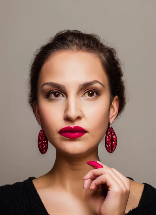 Prompt: portrait of a 2 3 year old woman, symmetrical face, lipstick and earrings, she has the beautiful calm face of her mother, slightly smiling, ambient light