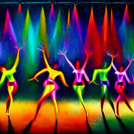 Image similar to dark dancing silhuettes in a dance club, colorful lights, dramatic lighting, a lot of energy, oil painting, hyperrealistic, very detailed, high quality