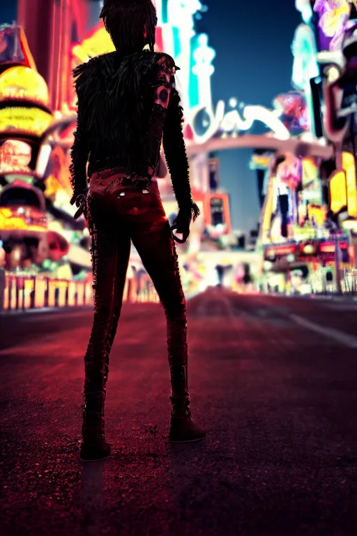 Image similar to full body portrait of a blood punk vampire, realistic proportions, coherent face, background of las vegas strip at night, cinematic, hyper realism, high detail, octane render, 8k, cgsociety