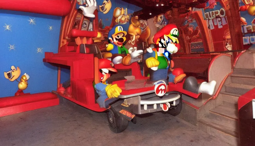Prompt: 1990s photo of inside the Super Mario ride at Universal Studios in Orlando, Florida, riding Super Mario through Bowser's Castle , cinematic, UHD