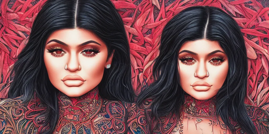 Image similar to kylie jenner in the style of a mastodon album cover, highly detailed, intricate, digital painting, artstation,