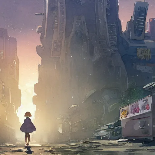 Prompt: incredible wide screenshot, ultrawide, simple watercolor, rough paper texture, made in abyss movie scene, backlit distant shot of girl in a parka running from a giant robot invasion side view, yellow parasol in deserted dusty shinjuku junk town, broken vending machines, bold graphic graffiti, old pawn shop, bright sun bleached ground, mud, fog, dust, windy, scary robot monster lurks in the background, ghost mask, teeth, animatronic, black smoke, pale beige sky, junk tv, texture, dusty, dry, pencil marks, genius party,shinjuku, koji morimoto, katsuya terada, masamune shirow, tatsuyuki tanaka hd, 4k, remaster, dynamic camera angle, deep 3 point perspective, fish eye, dynamic scene