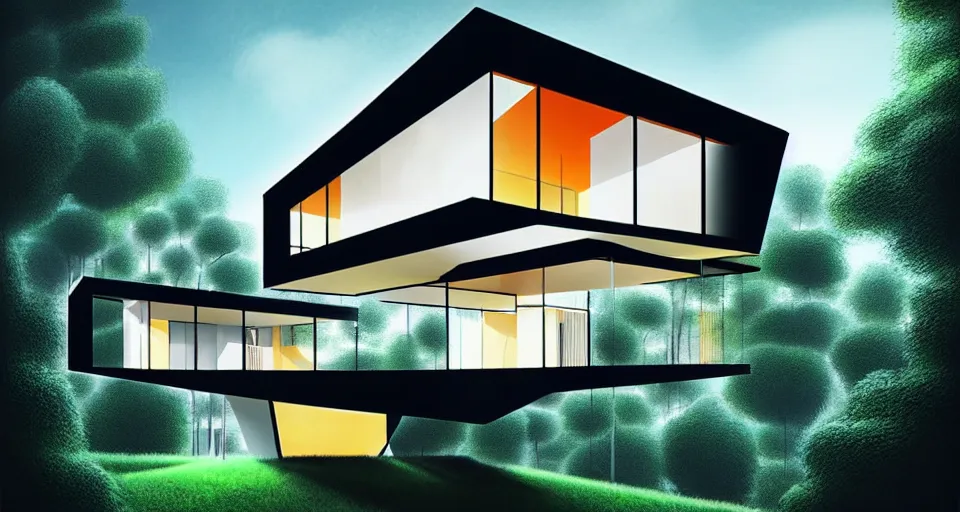 Prompt: a beautiful architecture concept art of modern home connected with nature, digital art by ando tadao, angular, architecture, elegant, ultrafine hyperdetailed, bright colors, detailed and intricate environment