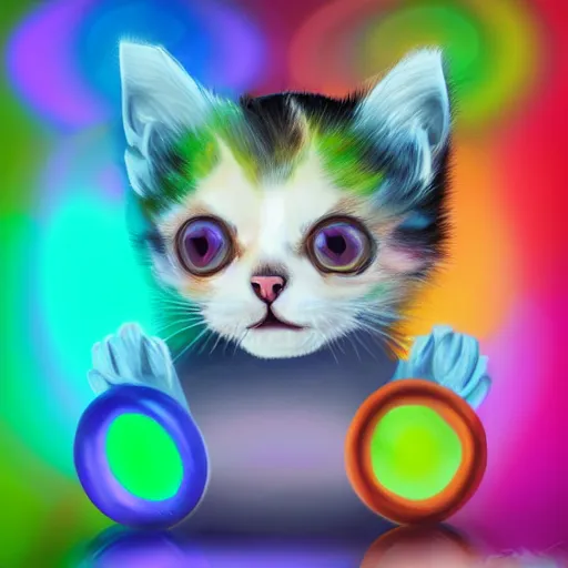 Image similar to Cute colourful art of a surprised kitten in a lab coat peeking through the interdimensional portal. Detailed profile picture. Award-winning digital art, trending on artstation