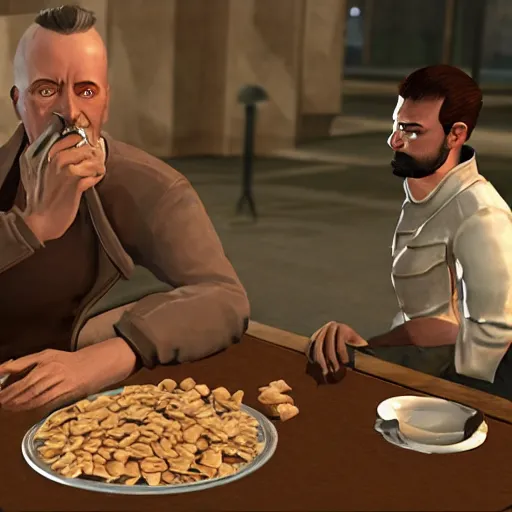 Image similar to jc denton from deus ex videogame eats cereal at a table near liberty island, highly detailed, 4 k, hd